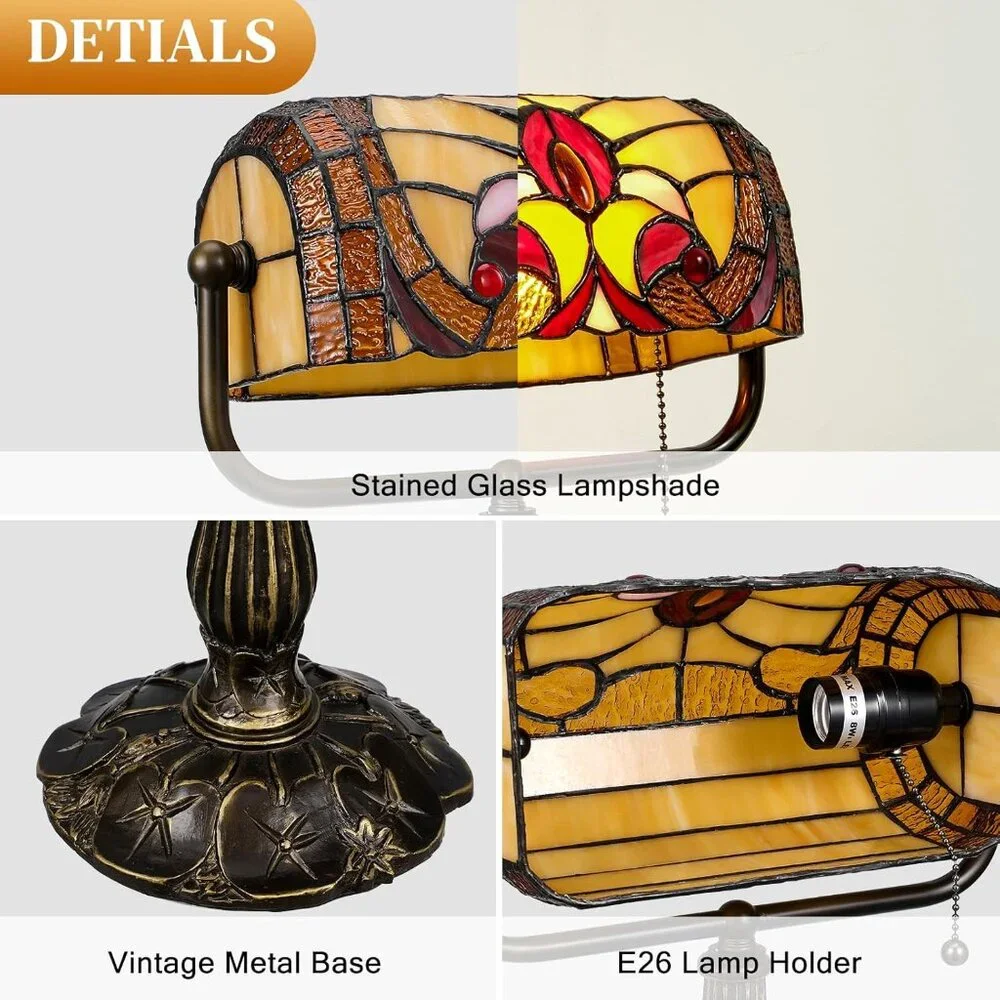 Tiffany Style Bankers Lamp - Stained Glass Desk Lamps with Baroque Design & Pull - Picture 6 of 7